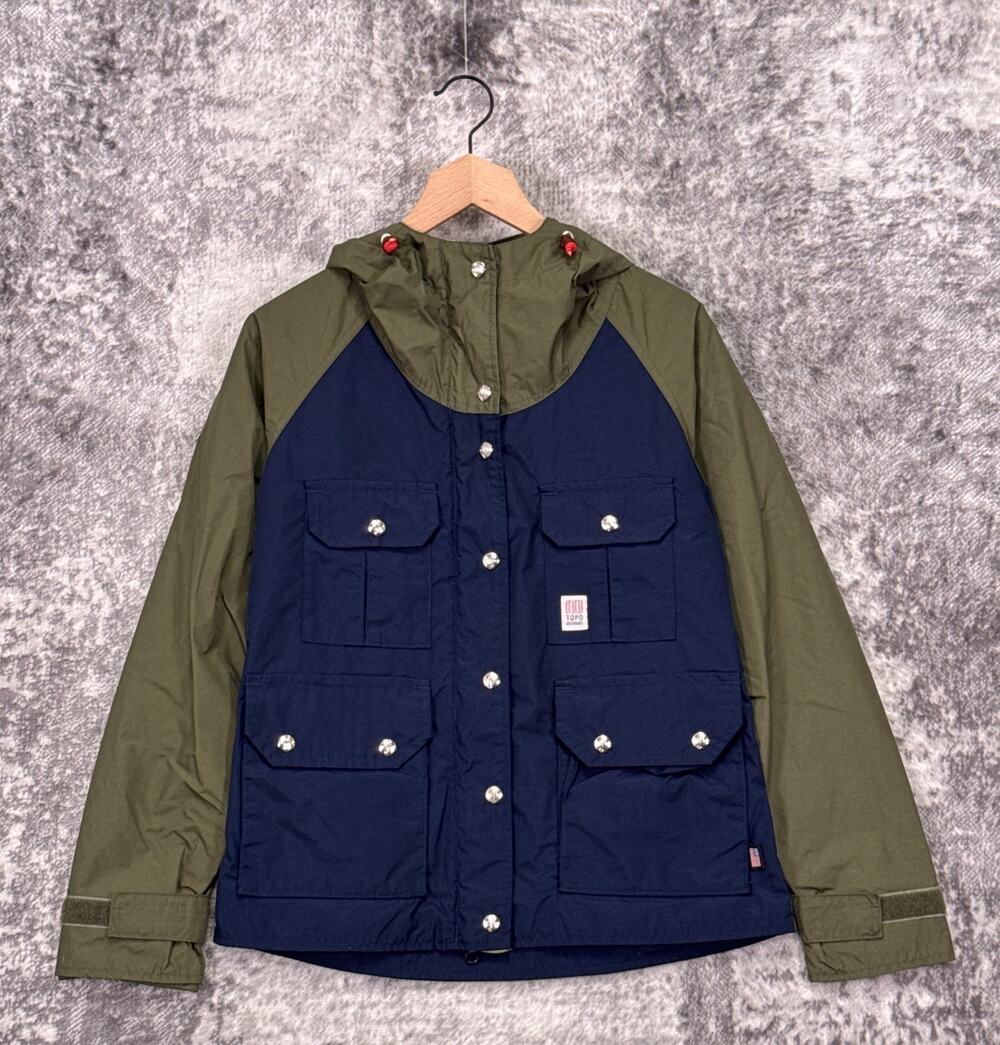 Topo Designs Mountain Jacket Medium Mens Navy Olive Green Waterproof Packable